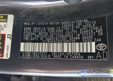 2013 Toyota Corolla S from USA, damaged, VIN 2T1BU4EE6DC006700
